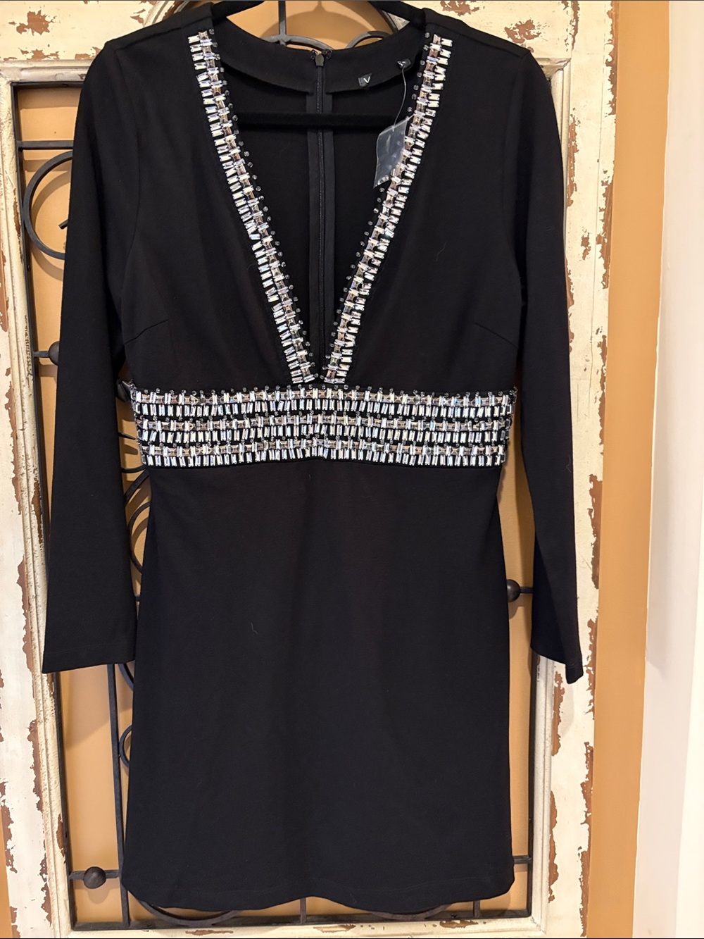 VENUS Black Long-Sleeve V-Neck Dress with Silver Embellishment